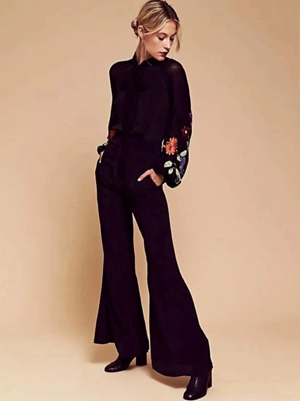Free People “Smoke Rings”Black Jumpsuit w/Floral Embroidered Sleeves - Size 4